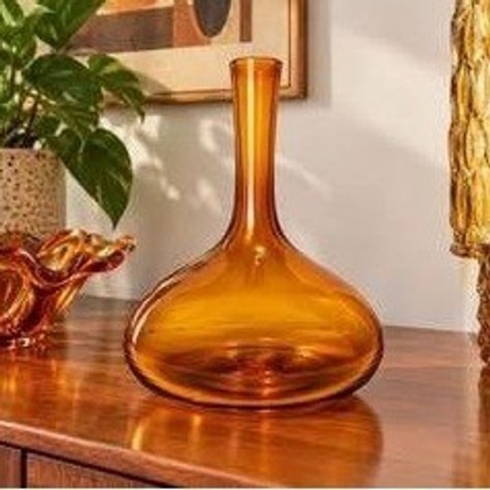 Vtg Orange Amber Glass Vase Hand Blown Mid Century Modern Art 8.5" Bulbous